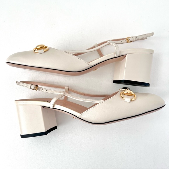 GUCCI || Lady Horsebit White Leather Slingback Closed Toe Block Heel Pumps 7.5 - Picture 11 of 14